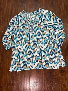 Womens Teal Blue Multi-Print Beaded Tunic Top